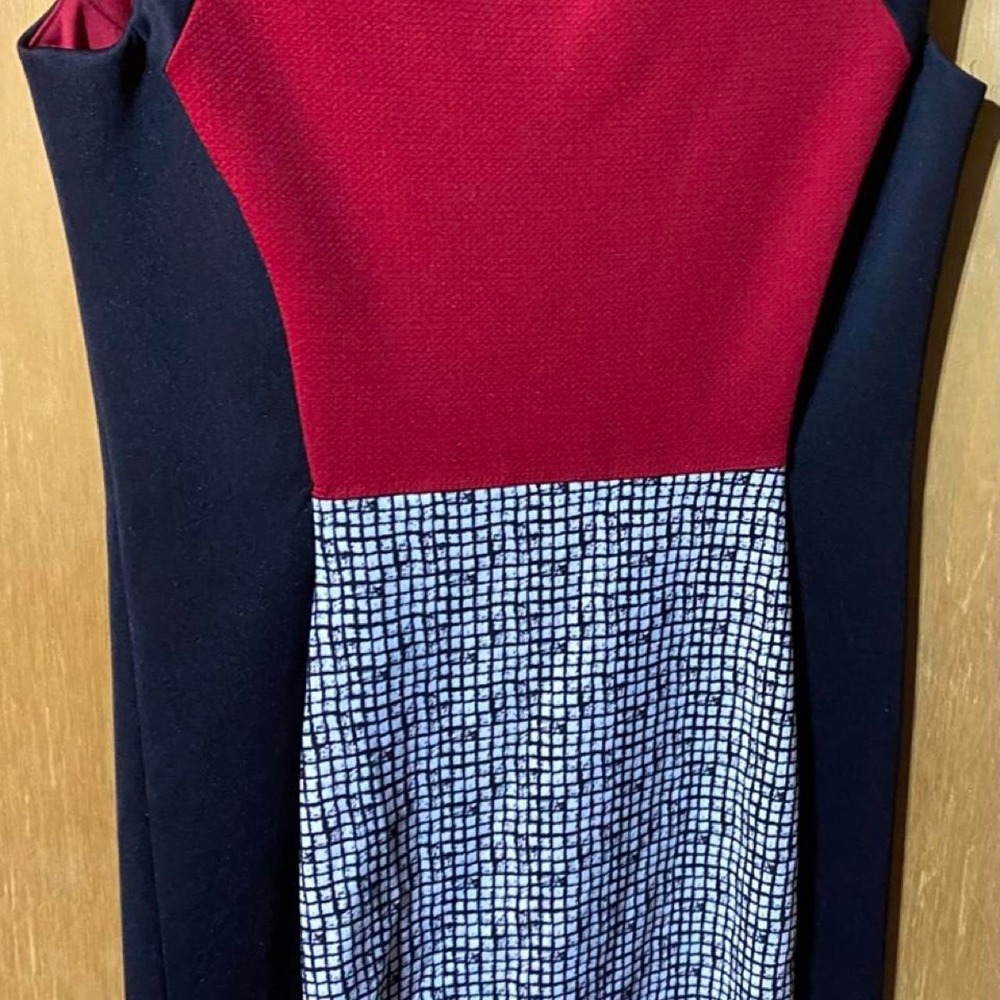 Enfocus Studio red and black dress with white patterned skirt. Size: 6